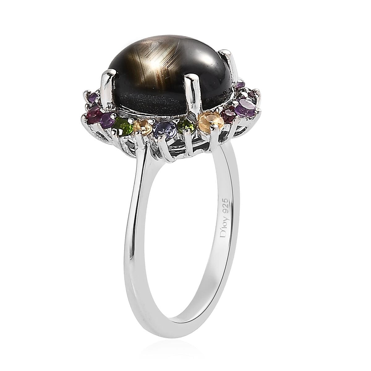 Bankacha Natural Black Star Sapphire and Multi Gemstone Halo Ring in Platinum Over Sterling Silver (Size 10.0) 5.85 ctw image number 3