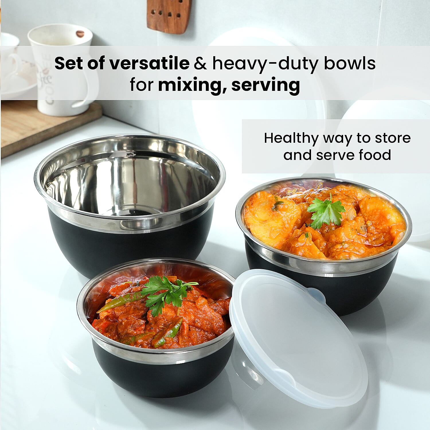 Set of 3 Black Stainless Steel German Bowl with Inside lid