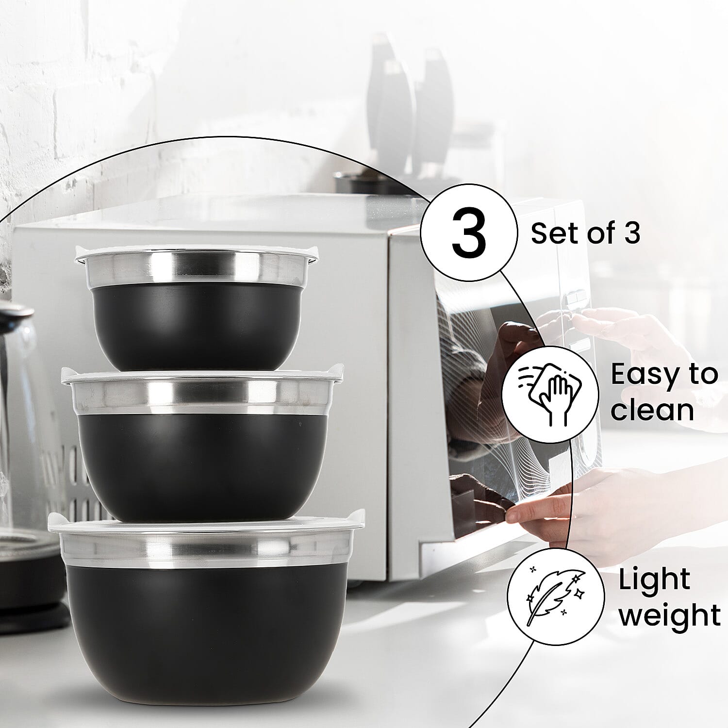 Set of 3 Black Stainless Steel German Bowl with Inside lid