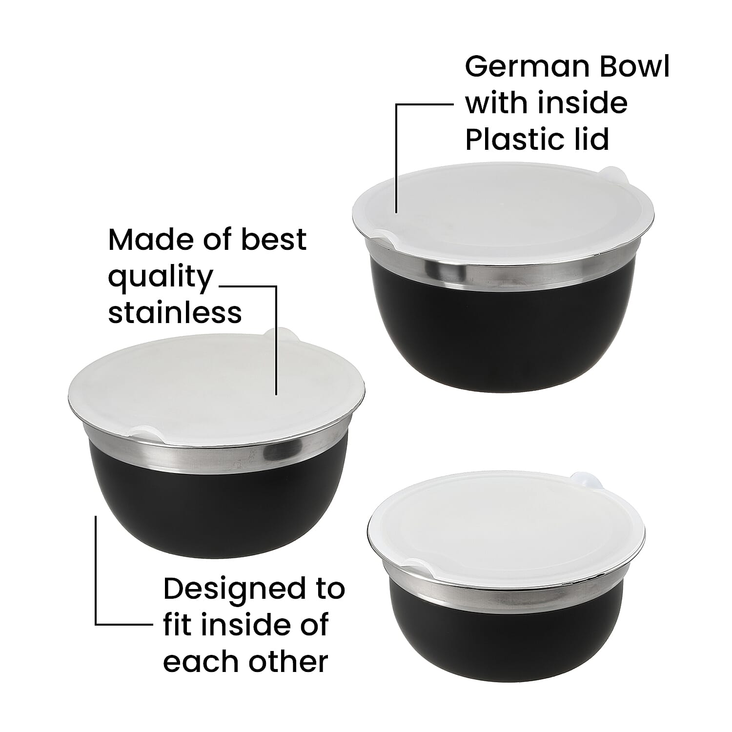Set of 3 Black Stainless Steel German Bowl with Inside lid