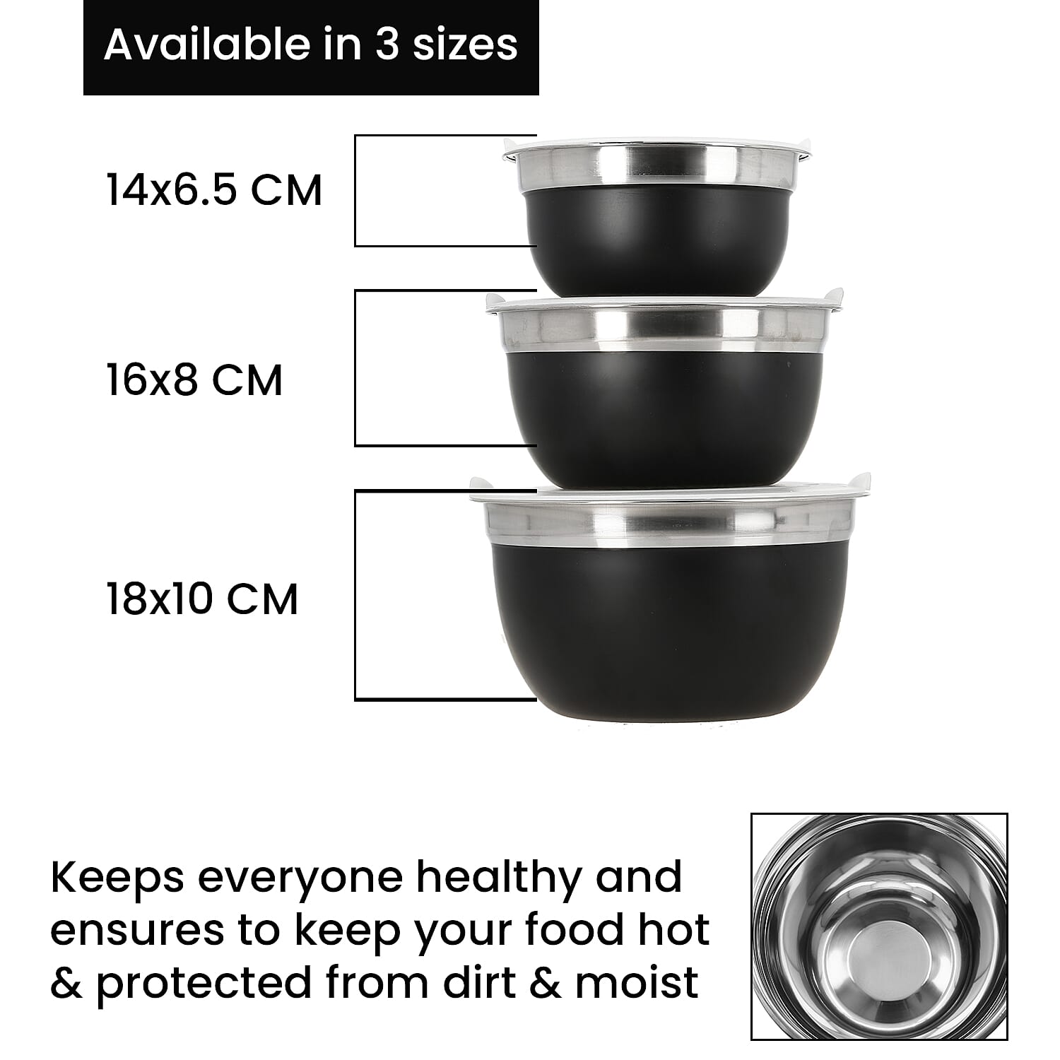 Set of 3 Black Stainless Steel German Bowl with Inside lid