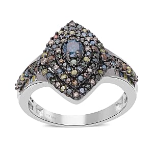 Blue and Multi Diamond Ring in Platinum Over Sterling Silver (Size 6.0) 1.00 ctw