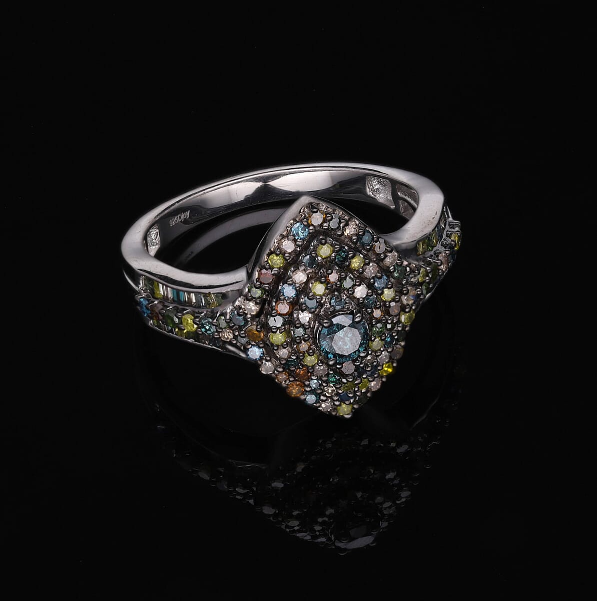 Blue and Multi Diamond Ring in Platinum Over Sterling Silver (Size 6.0) 1.00 ctw image number 1