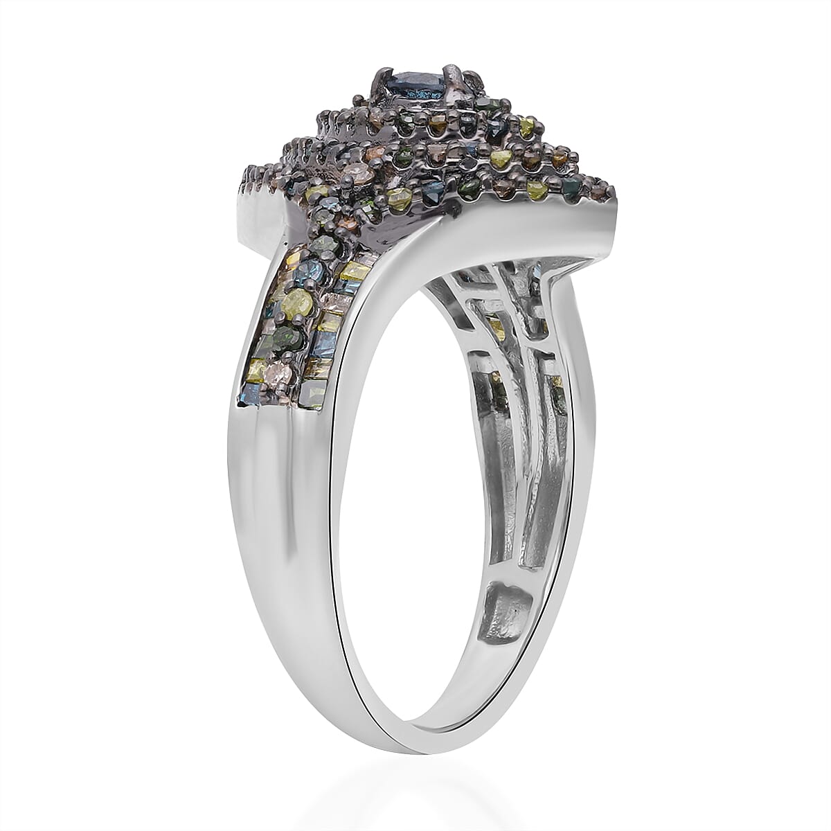 Blue and Multi Diamond Ring in Platinum Over Sterling Silver (Size 6.0) 1.00 ctw image number 3