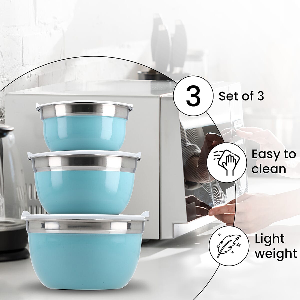 Set of 3 Teal Stainless Steel German Bowl with Inside lid image number 2