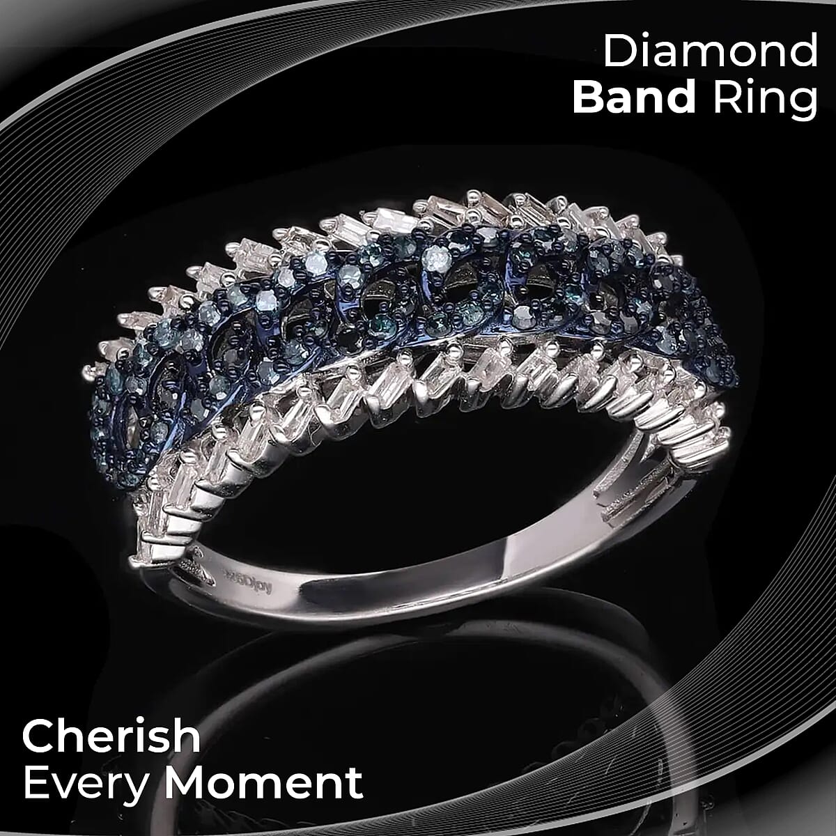 White and Blue Diamond Ring in Platinum Over Sterling Silver (Size 10.0) 0.50 ctw image number 1