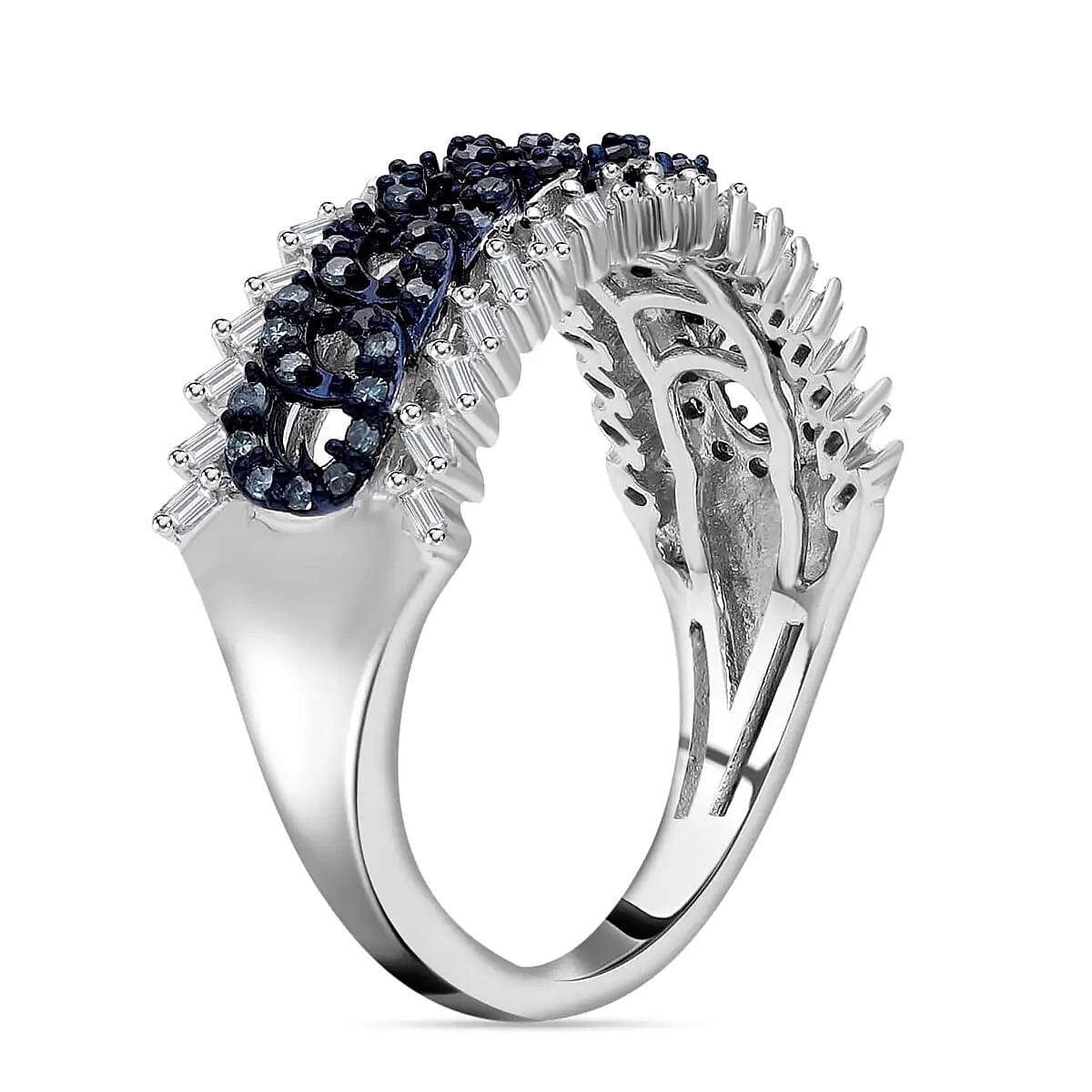 White and Blue Diamond Ring in Platinum Over Sterling Silver (Size 10.0) 0.50 ctw image number 4