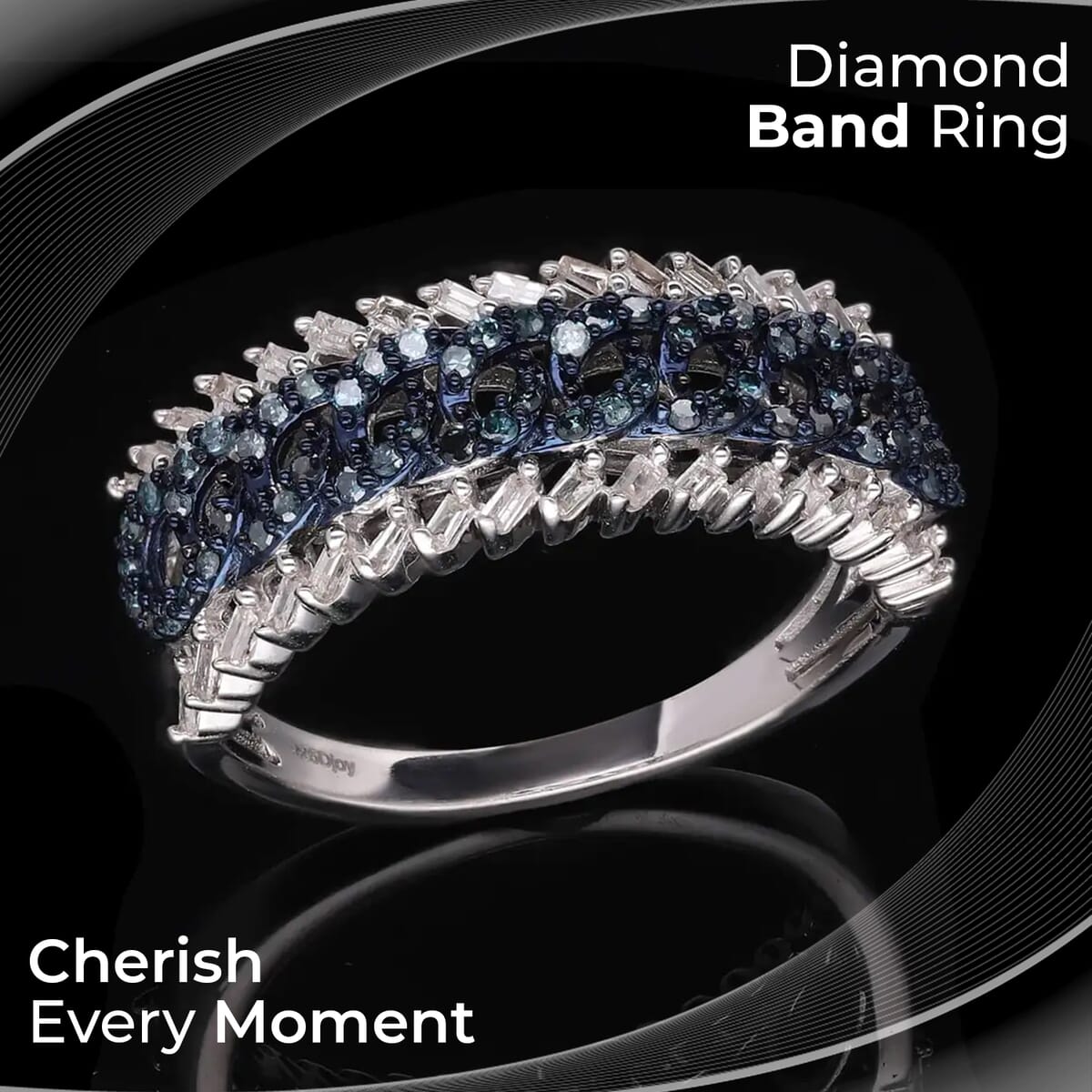 White and Blue Diamond Ring in Platinum Over Sterling Silver (Size 10.0) 0.50 ctw image number 1
