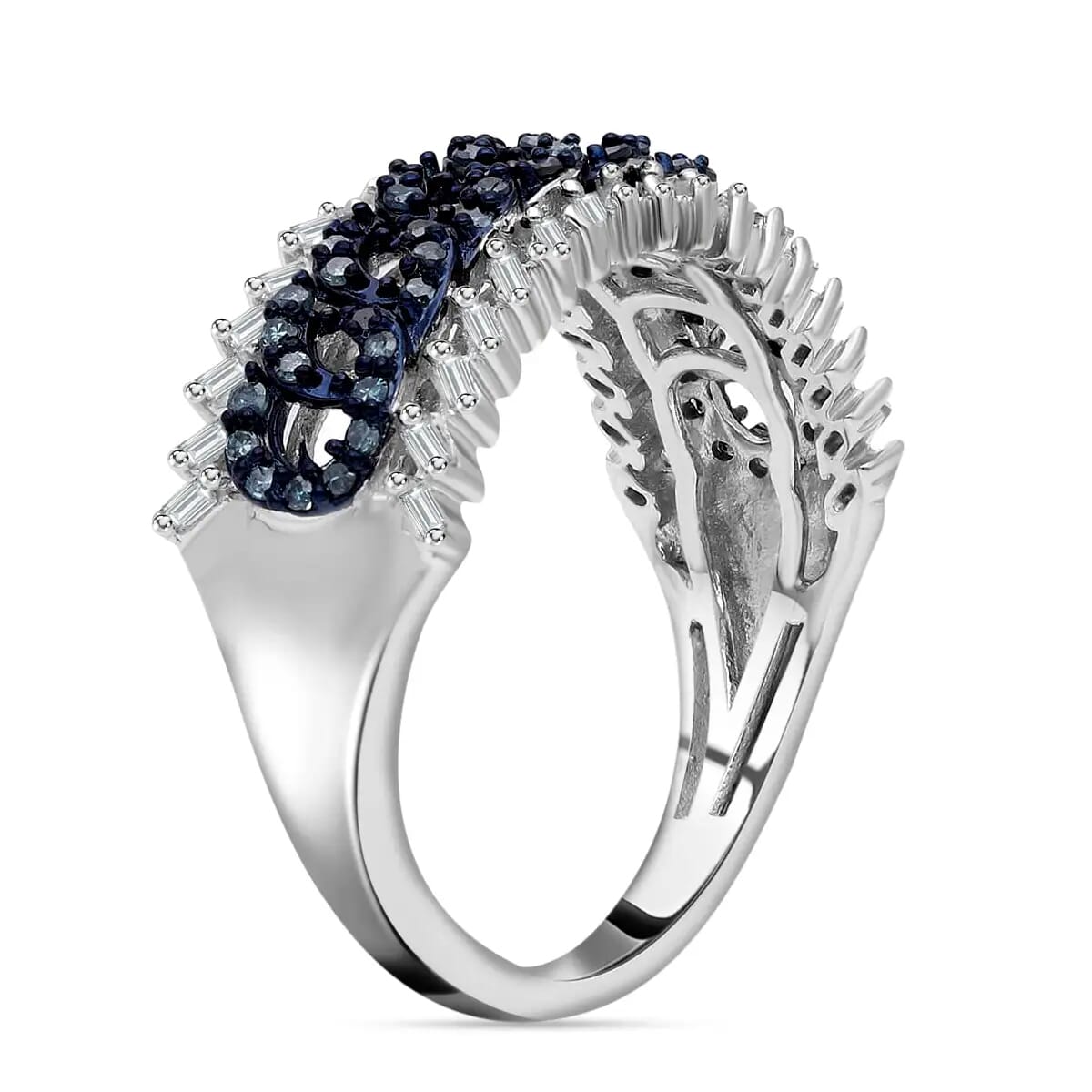 White and Blue Diamond Ring in Platinum Over Sterling Silver (Size 10.0) 0.50 ctw image number 4