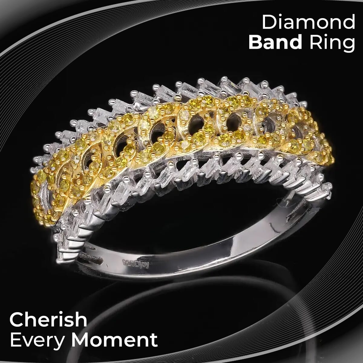 Yellow Diamond Ring, White Diamond Accent Ring, Platinum Over Sterling Silver Ring, Diamond Band Ring, Diamond Jewelry 0.50 ctw image number 1