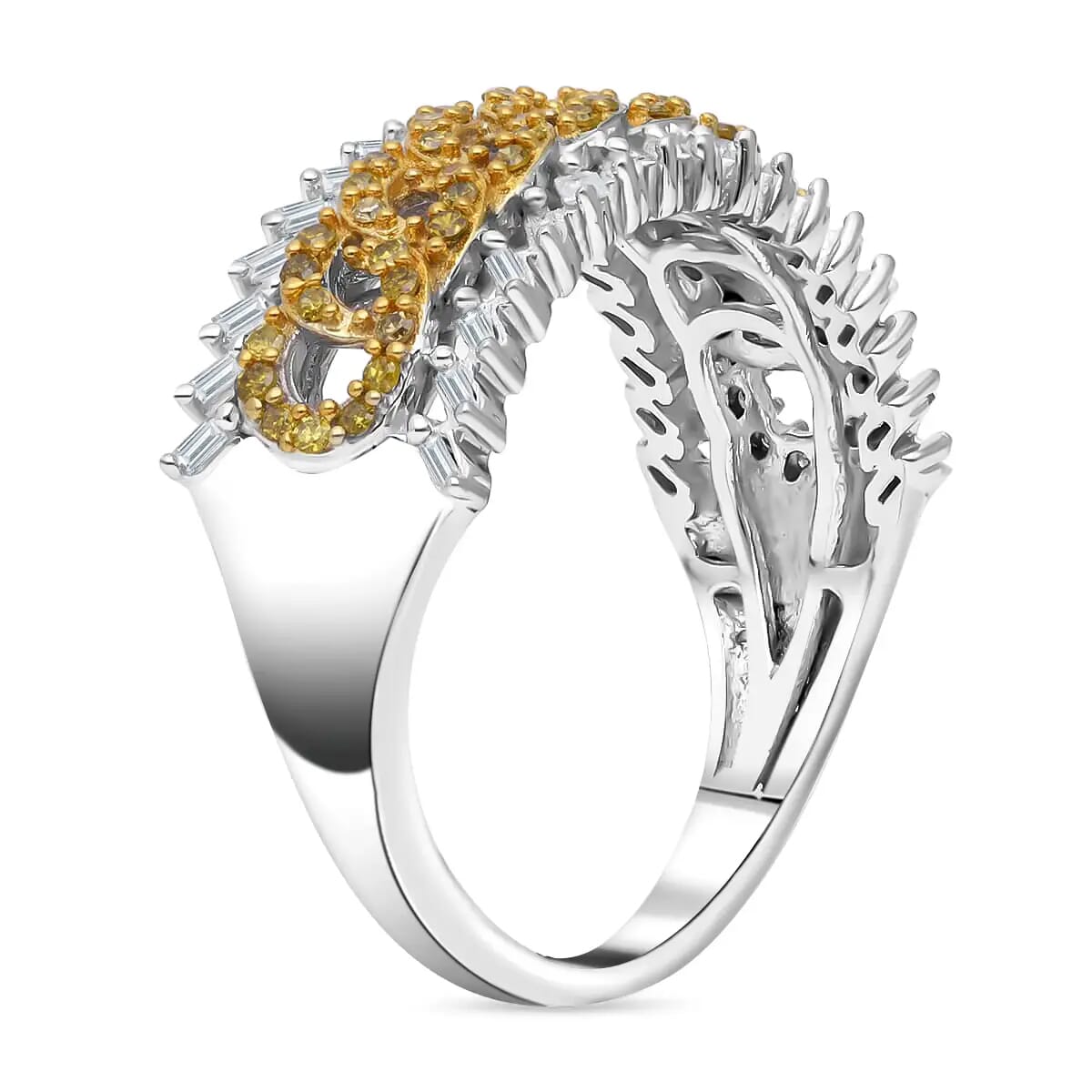 Yellow Diamond Ring, White Diamond Accent Ring, Platinum Over Sterling Silver Ring, Diamond Band Ring, Diamond Jewelry 0.50 ctw image number 4