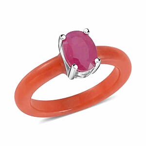 Niassa Ruby (FF) Solitaire Ring, Red Jade (D) Band Ring, Rhodium Over Sterling Silver Ring, Red Ring 9.25 ctw