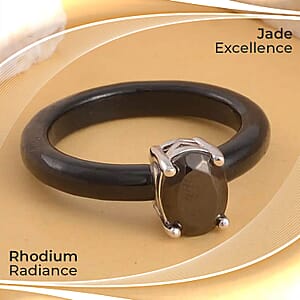 Elite Shungite Solitaire Ring, Black Jade (D) Band Ring, Rhodium Over Sterling Silver Ring, Black Ring 7.90 ctw