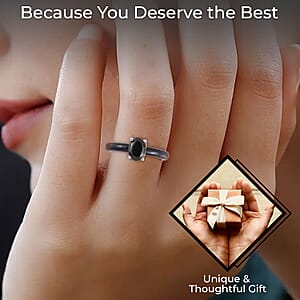 Elite Shungite Solitaire Ring, Black Jade (D) Band Ring, Rhodium Over Sterling Silver Ring, Black Ring 7.90 ctw