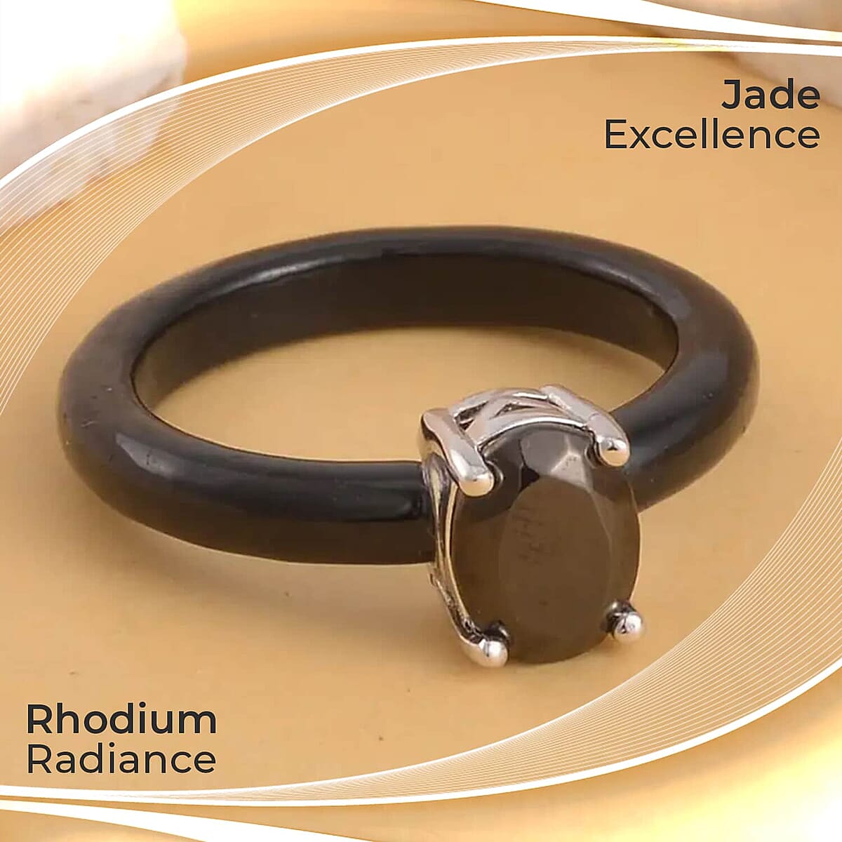 Elite Shungite Solitaire Ring, Black Jade (D) Band Ring, Rhodium Over Sterling Silver Ring, Black Ring 7.90 ctw image number 1