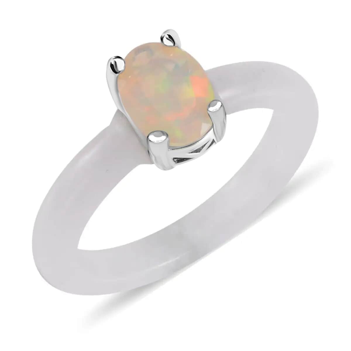 Ethiopian Welo Opal Solitaire Ring, White Jade Band Ring, Rhodium Over Sterling Silver Ring, White Ring 8.65 ctw (Size 11.0) image number 0