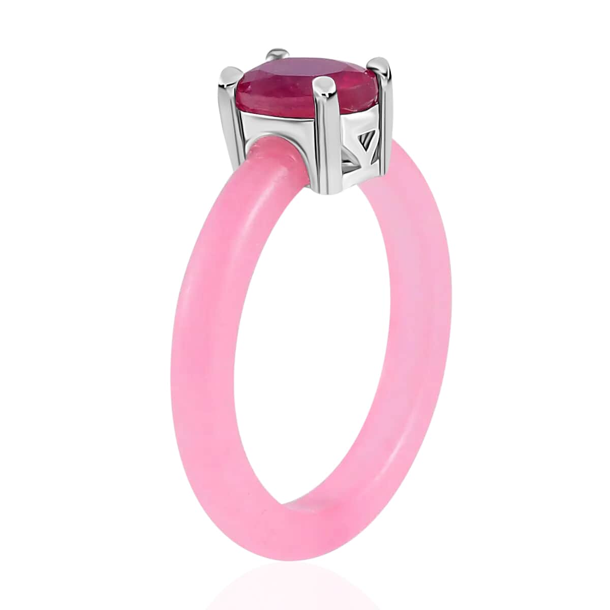 Ilakaka Hot Pink Sapphire (FF) Solitaire Ring, Pink Jade (D) Band Ring, Rhodium Over Sterling Silver Ring, Pink Ring 9.50 ctw (Size 10.0) image number 3