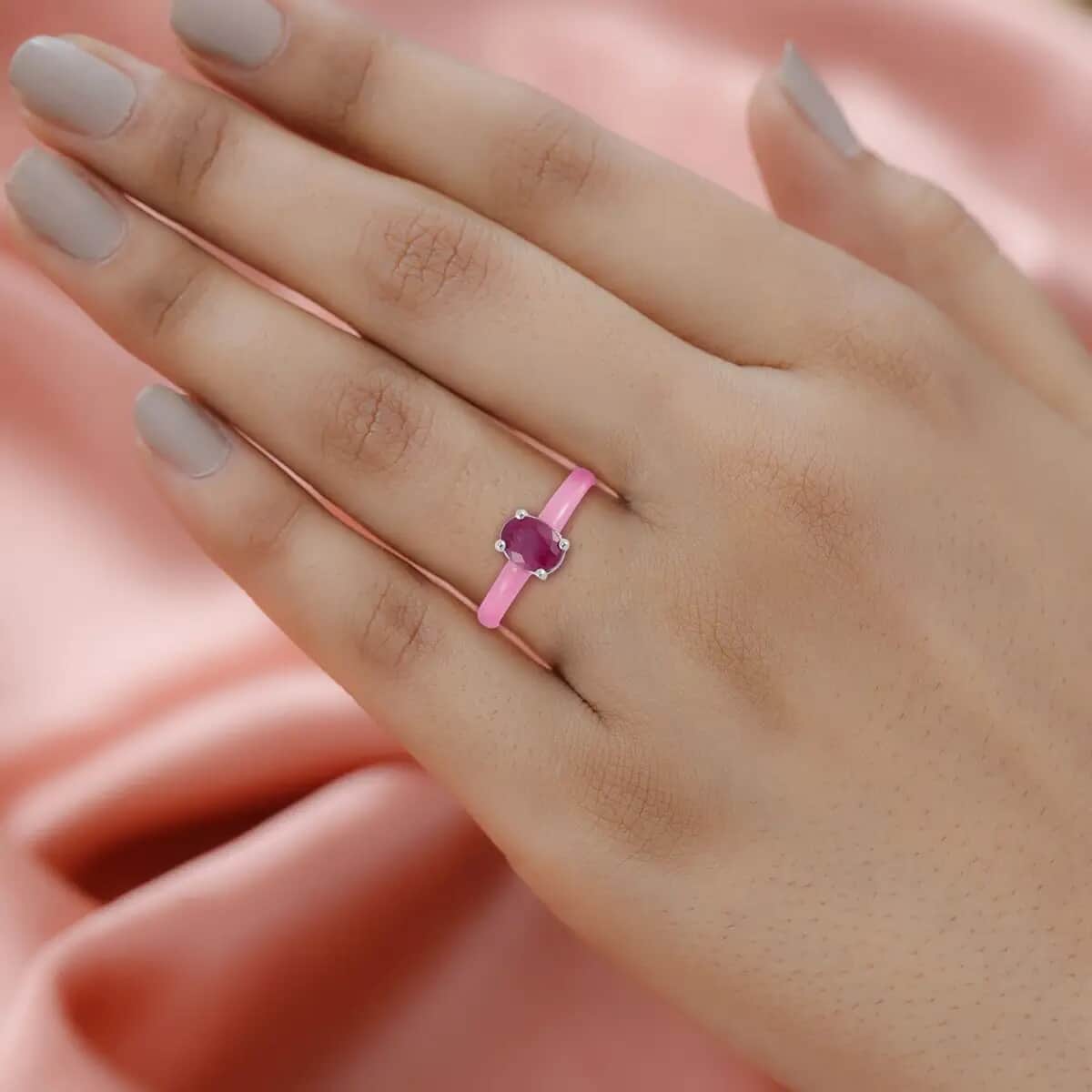 Ilakaka Hot Pink Sapphire (FF) Solitaire Ring, Pink Jade (D) Band Ring, Rhodium Over Sterling Silver Ring, Pink Ring 9.50 ctw (Size 10.0) image number 5