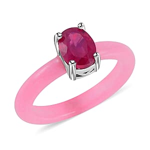 Ilakaka Hot Pink Sapphire (FF) Solitaire Ring, Pink Jade (D) Band Ring, Rhodium Over Sterling Silver Ring, Pink Ring 9.50 ctw