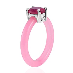 Ilakaka Hot Pink Sapphire (FF) Solitaire Ring, Pink Jade (D) Band Ring, Rhodium Over Sterling Silver Ring, Pink Ring 9.50 ctw