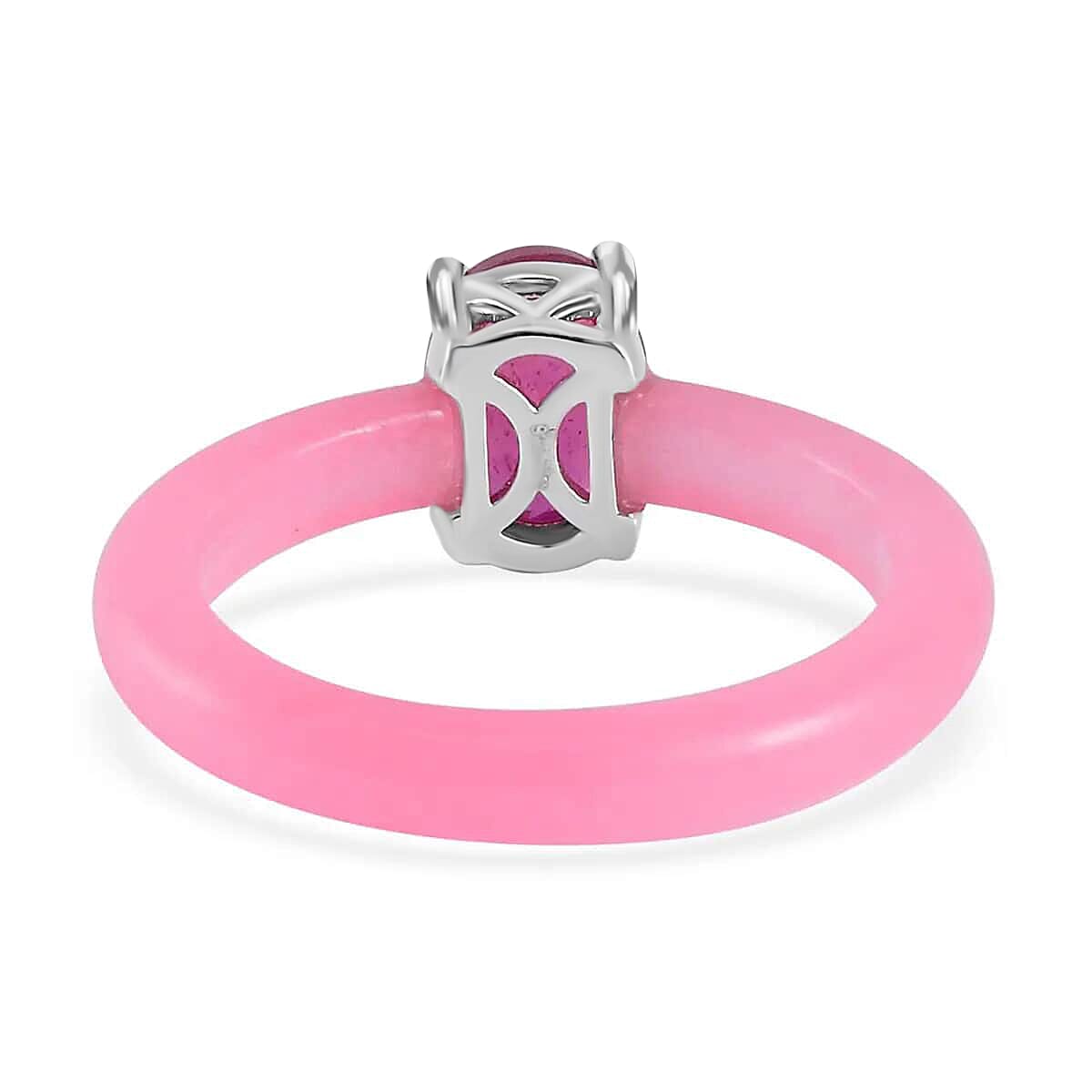 Ilakaka Hot Pink Sapphire (FF) Solitaire Ring, Pink Jade (D) Band Ring, Rhodium Over Sterling Silver Ring, Pink Ring 9.50 ctw image number 4