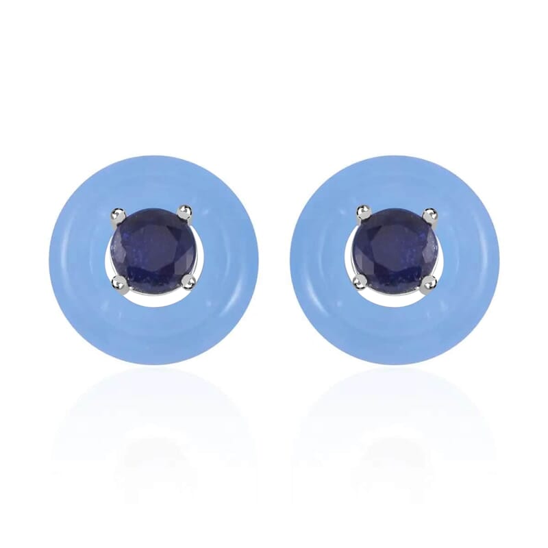 Blue Jade (D) Jacket Earrings, Masoala Sapphire (D) Jacket Stud Earrings, Rhodium Over Sterling Silver Earrings, Jade Jewelry, Sapphire Earrings 19.10 ctw