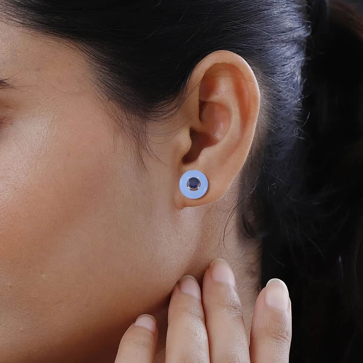 Blue Jade (D) and Masoala Sapphire Jacket Stud Earrings in Rhodium Over Sterling Silver 18.40 ctw image number 4