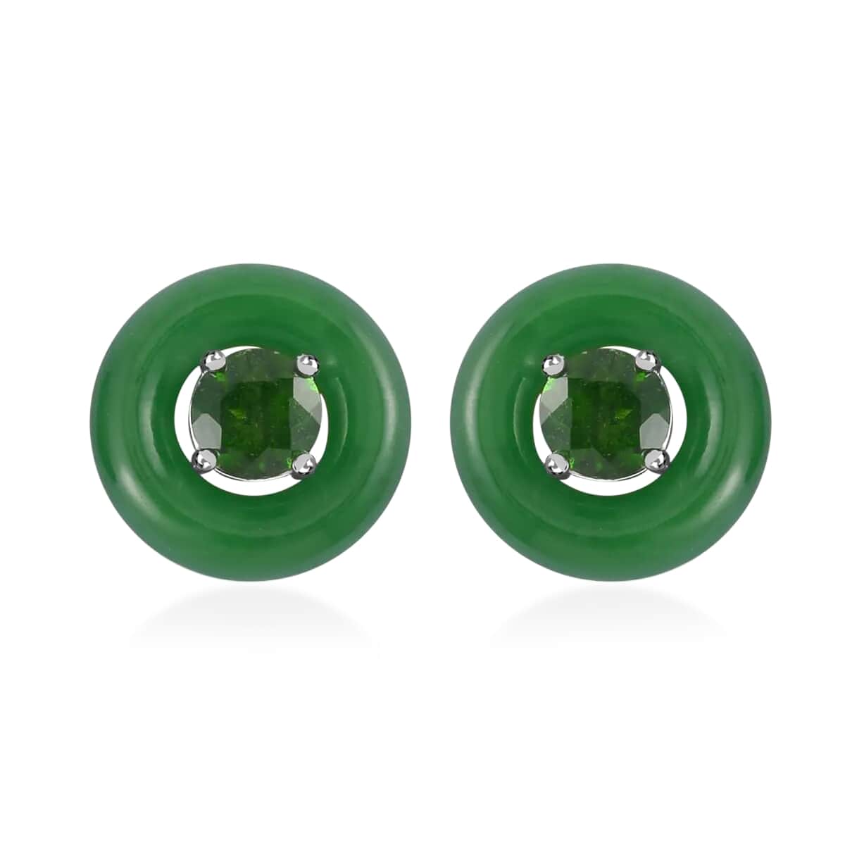 Green Jade (D) Jacket Earrings, Chrome Diopside Jacket Stud Earrings, Rhodium Over Sterling Silver Earrings, Jade Jewelry, Diopside Earrings 18.35 ctw image number 0