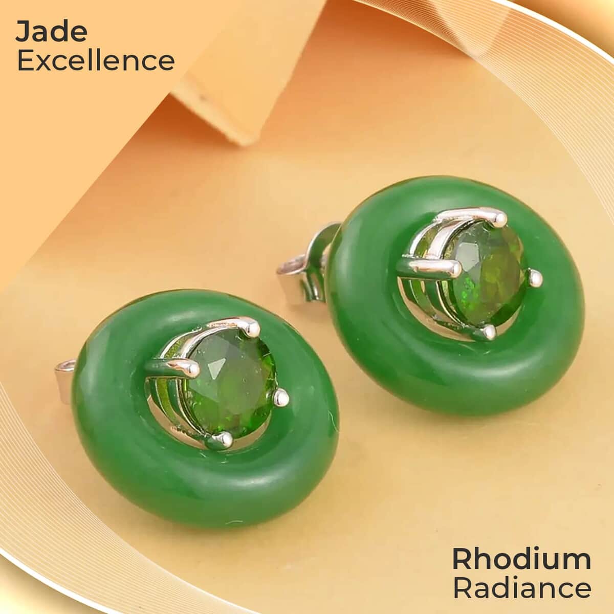 Green Jade (D) Jacket Earrings, Chrome Diopside Jacket Stud Earrings, Rhodium Over Sterling Silver Earrings, Jade Jewelry, Diopside Earrings 18.35 ctw image number 1