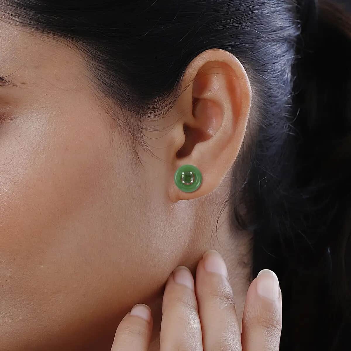 Green Jade (D) Jacket Earrings, Chrome Diopside Jacket Stud Earrings, Rhodium Over Sterling Silver Earrings, Jade Jewelry, Diopside Earrings 18.35 ctw image number 4