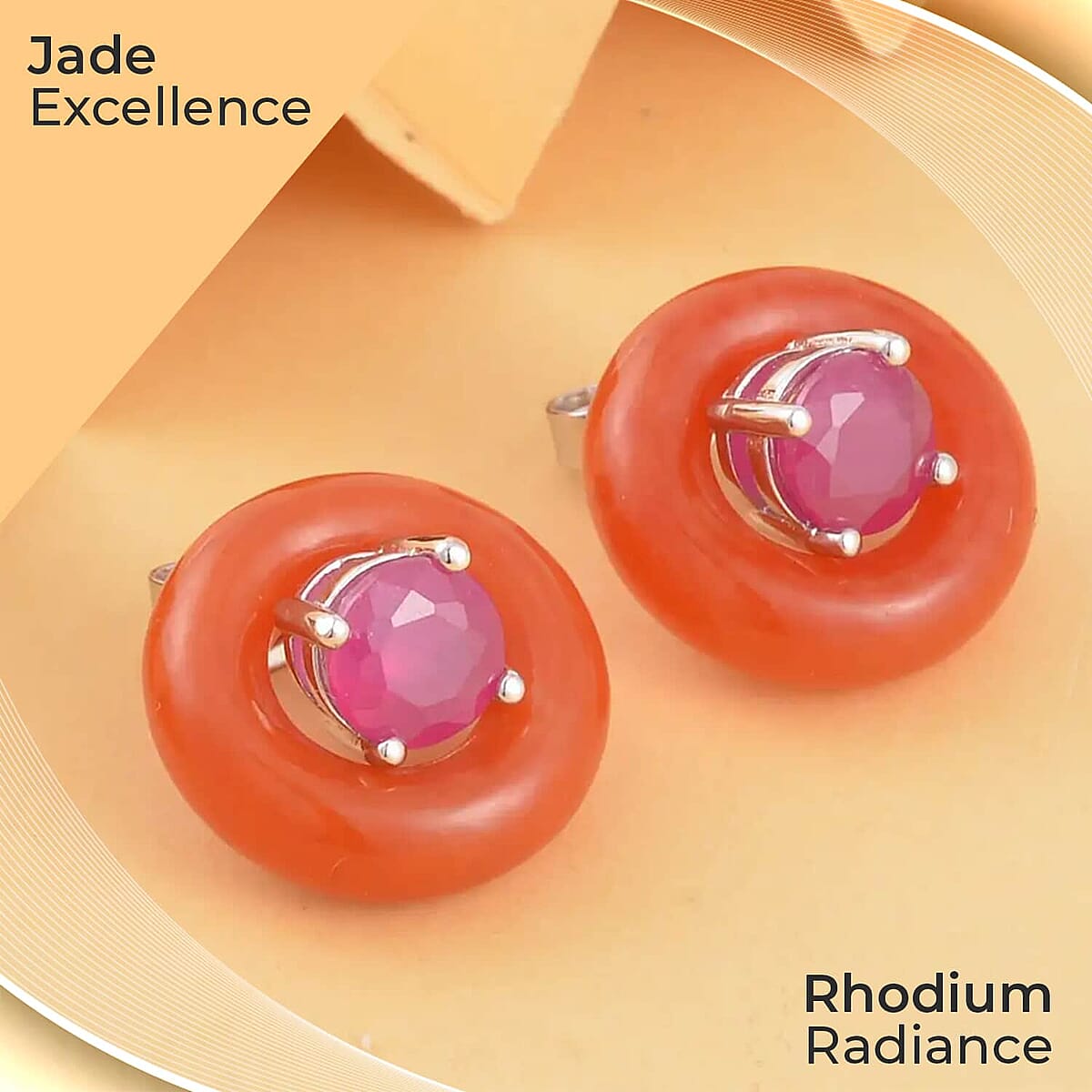 Red Jade (D) 19.30 ctw Jacket Earrings, Niassa Ruby (FF) Jacket Stud Earrings, Rhodium Over Sterling Silver Earrings, Jade Jewelry, Ruby Earrings image number 1