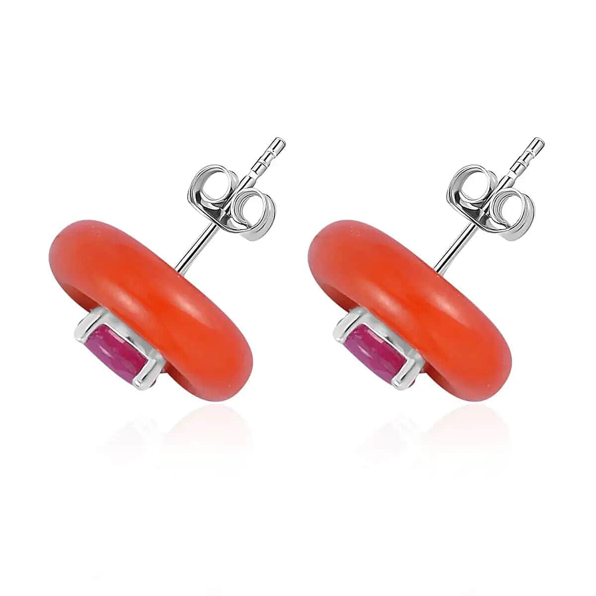 Red Jade (D) 19.30 ctw Jacket Earrings, Niassa Ruby (FF) Jacket Stud Earrings, Rhodium Over Sterling Silver Earrings, Jade Jewelry, Ruby Earrings image number 3