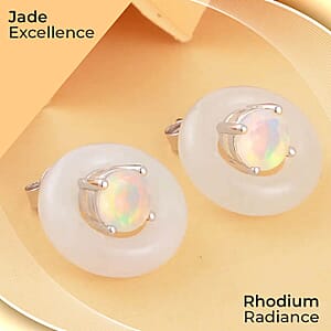 White Jade 17.50 ctw Jacket Earrings, Ethiopian Welo Opal Jacket Stud Earrings, Rhodium Over Sterling Silver Earrings, Jade Jewelry, Opal Earrings