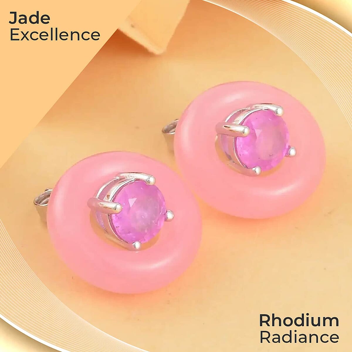 Pink Jade (D) 19.20 ctw Jacket Earrings, Ilakaka Hot Pink Sapphire (FF) Jacket Stud Earrings, Rhodium Over Sterling Silver Earrings, Jade Jewelry, Sapphire Earrings image number 1