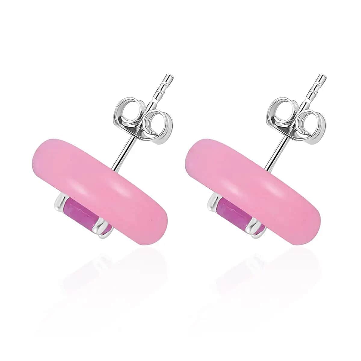 Pink Jade (D) 19.20 ctw Jacket Earrings, Ilakaka Hot Pink Sapphire (FF) Jacket Stud Earrings, Rhodium Over Sterling Silver Earrings, Jade Jewelry, Sapphire Earrings image number 3