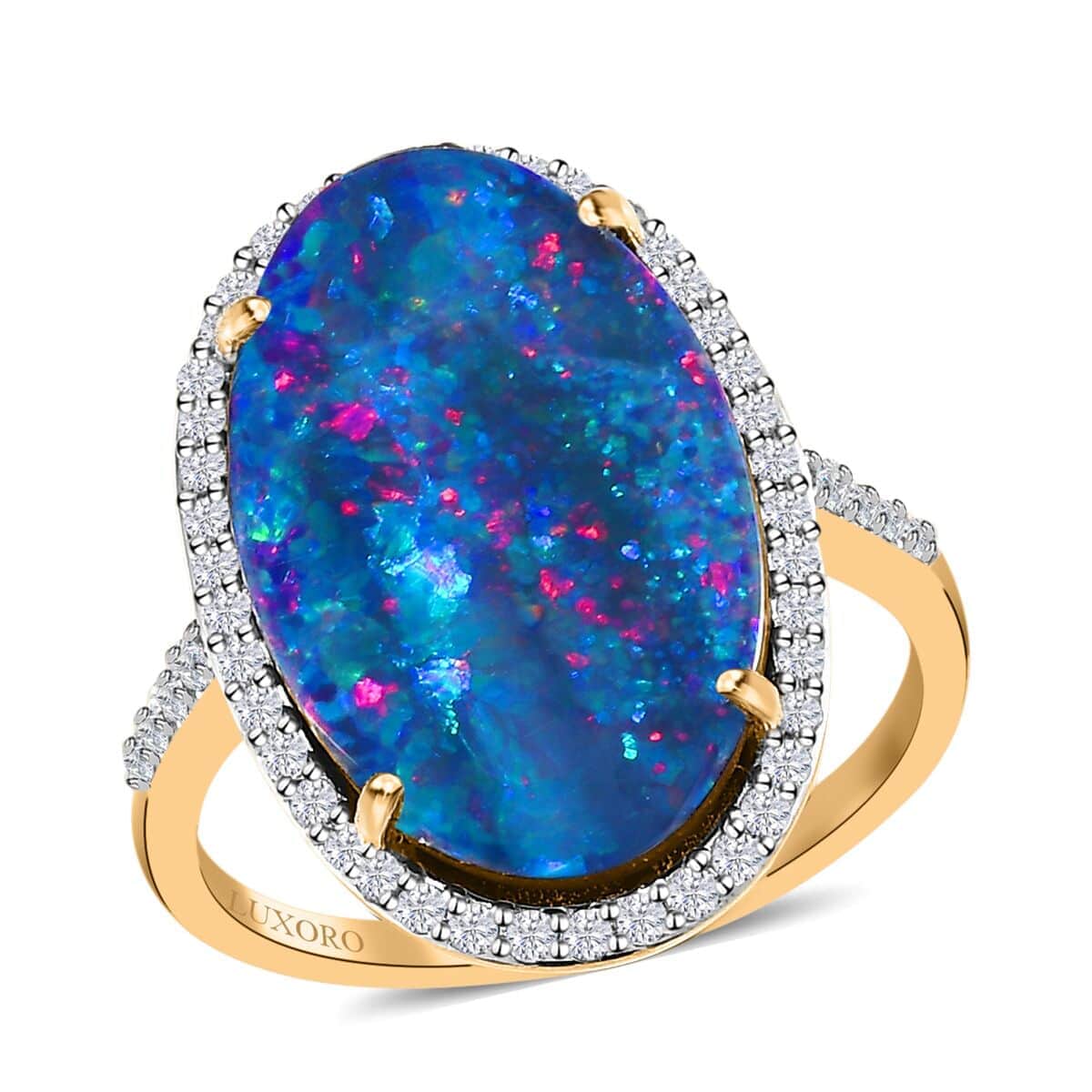 Luxoro 14K Yellow Gold AAA Boulder Opal Doublet and Diamond Halo Ring, Opal Doublet Jewelry, Birthday Gift For Her 6.75 ctw image number 0