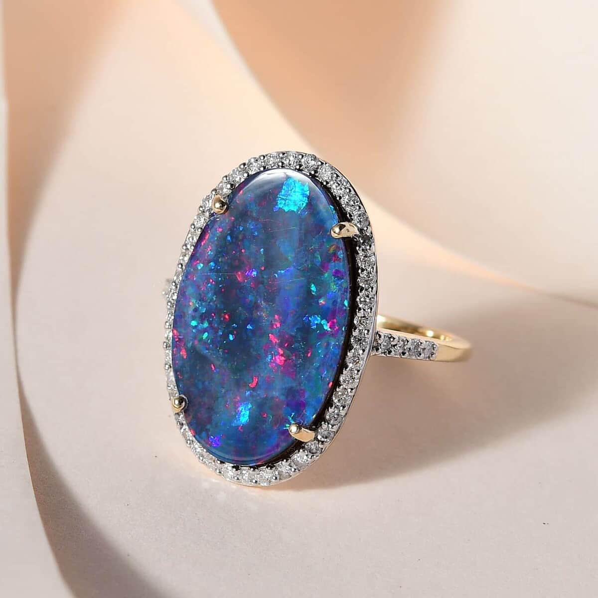 Luxoro 14K Yellow Gold AAA Boulder Opal Doublet and Diamond Halo Ring, Opal Doublet Jewelry, Birthday Gift For Her 6.75 ctw image number 1