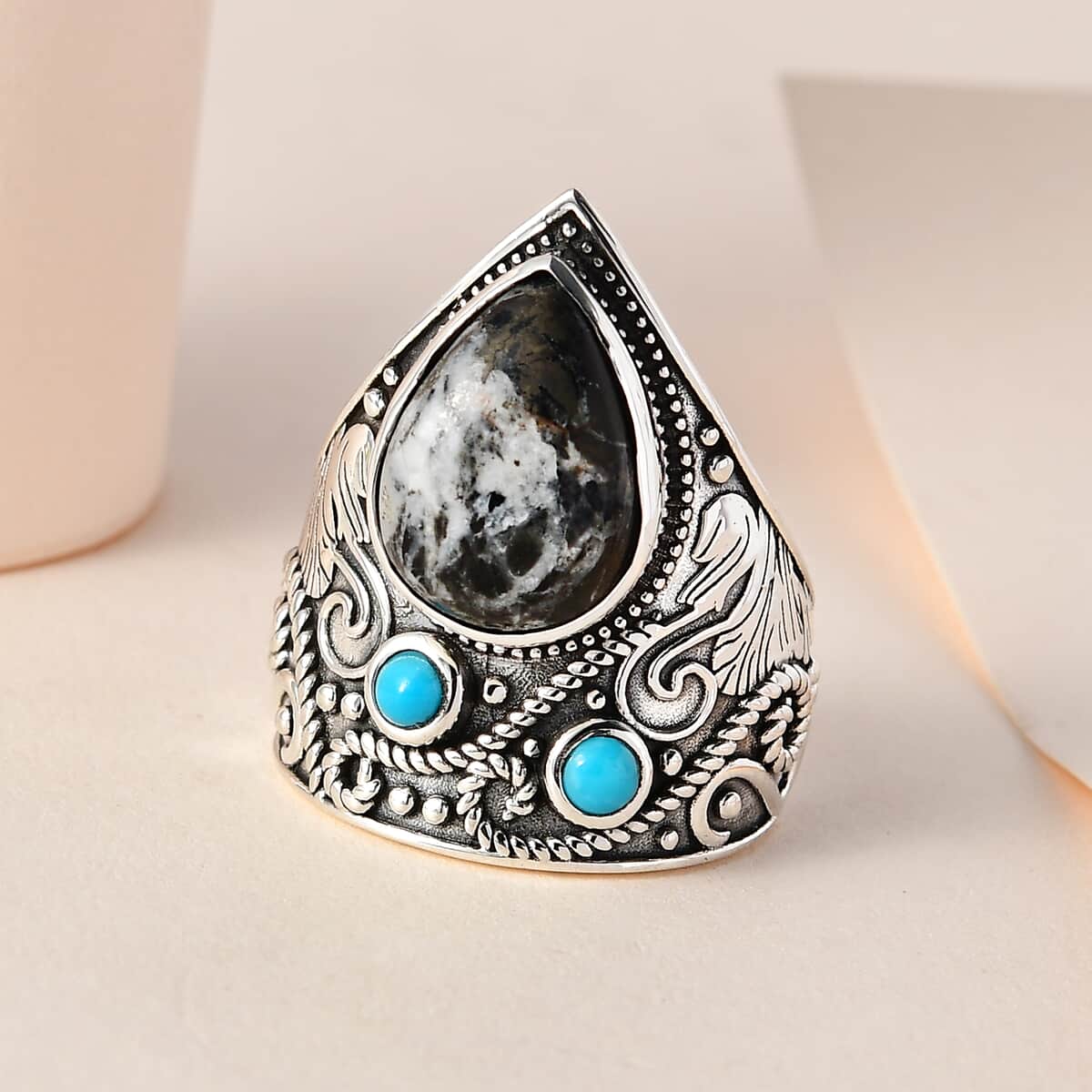 Artisan Crafted White Buffalo and Sleeping Beauty Turquoise Ring in Sterling Silver 5.25 ctw image number 1