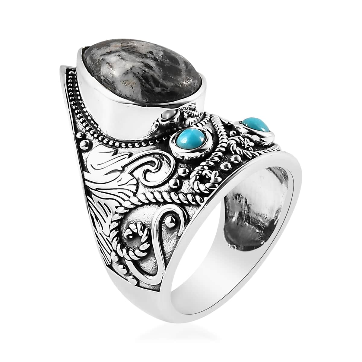 Artisan Crafted White Buffalo and Sleeping Beauty Turquoise Ring in Sterling Silver 5.25 ctw image number 3