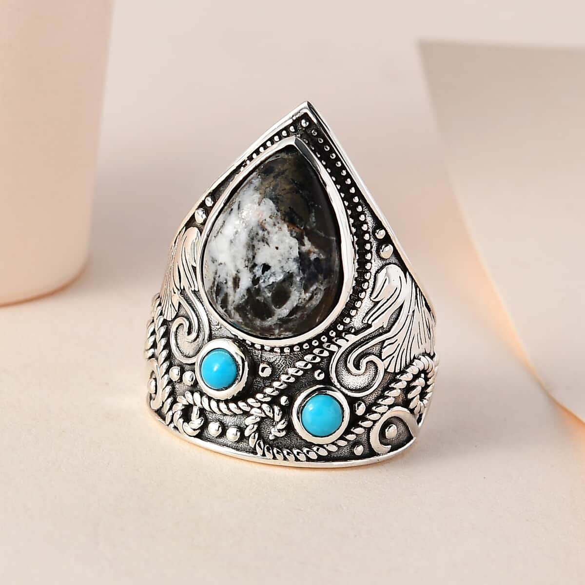 Artisan Crafted White Buffalo and Sleeping Beauty Turquoise Ring in Sterling Silver (Size 5.0) 5.25 ctw image number 1