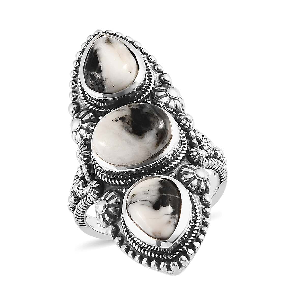 Artisan Crafted White Buffalo 3 Stone Ring in Sterling Silver (Size 10.0) 6.00 ctw