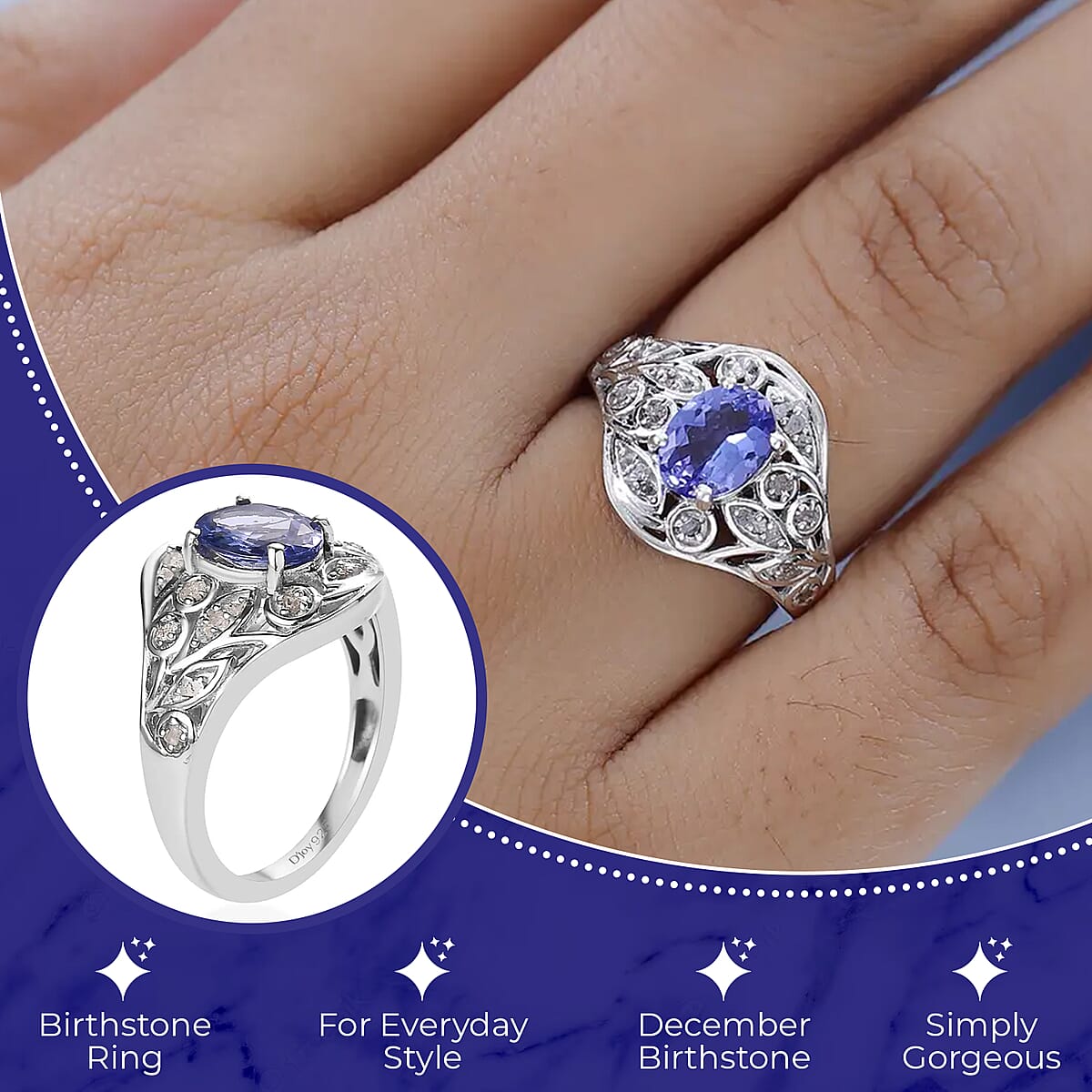 Tanzanite and Uncut Natural Pink 1.35 ctw Diamond Ring in Platinum Over Sterling Silver (Size 6.0) image number 2