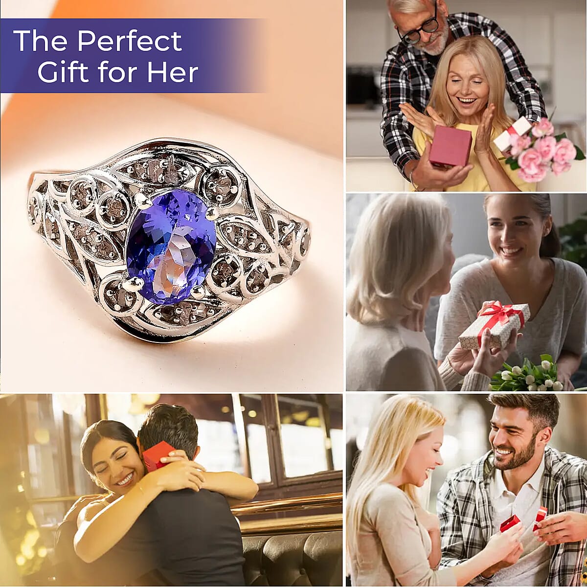 Tanzanite and Uncut Natural Pink 1.35 ctw Diamond Ring in Platinum Over Sterling Silver (Size 6.0) image number 3