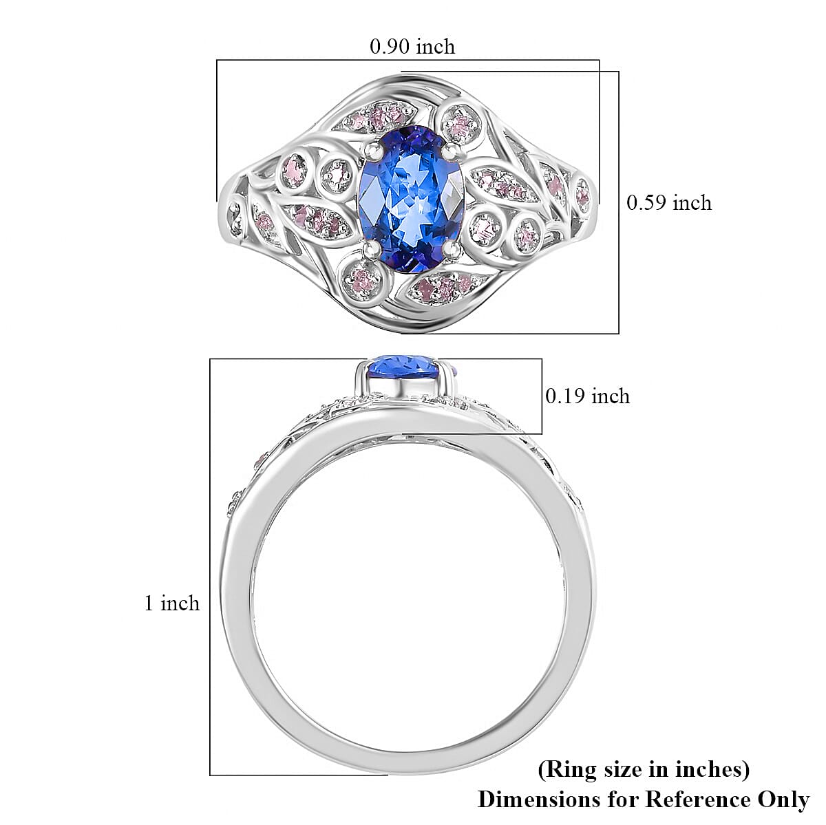 Tanzanite and Uncut Natural Pink 1.35 ctw Diamond Ring in Platinum Over Sterling Silver (Size 6.0) image number 5