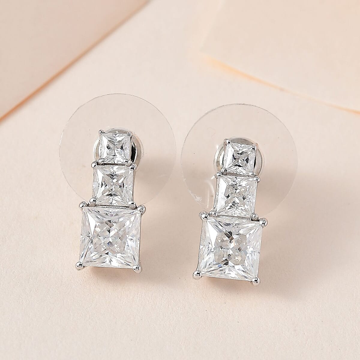 Princess Cut Moissanite (Sqr 6mm) Solitaire Stud Earrings in Platinum Over Sterling Silver 3.30 ctw image number 1