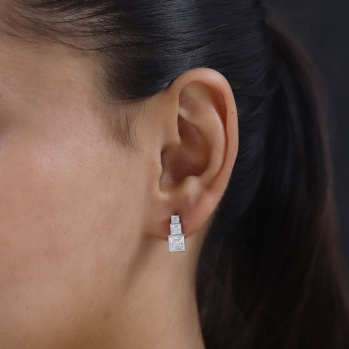 Princess Cut Moissanite (Sqr 6mm) Solitaire Stud Earrings in Platinum Over Sterling Silver 3.30 ctw image number 2
