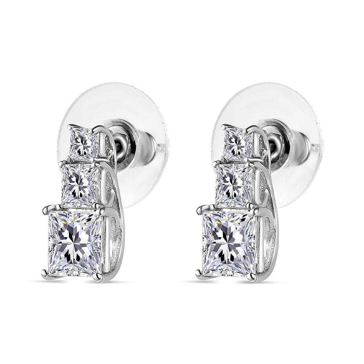 Princess Cut Moissanite (Sqr 6mm) Solitaire Stud Earrings in Platinum Over Sterling Silver 3.30 ctw image number 3