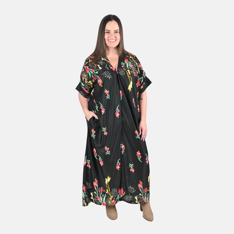 Anthony Richards Black Multi Floral Zip Front House Dress, Cotton Machine Washable V neck Short Sleeves Dress For Her - One Size Fits up to XXL