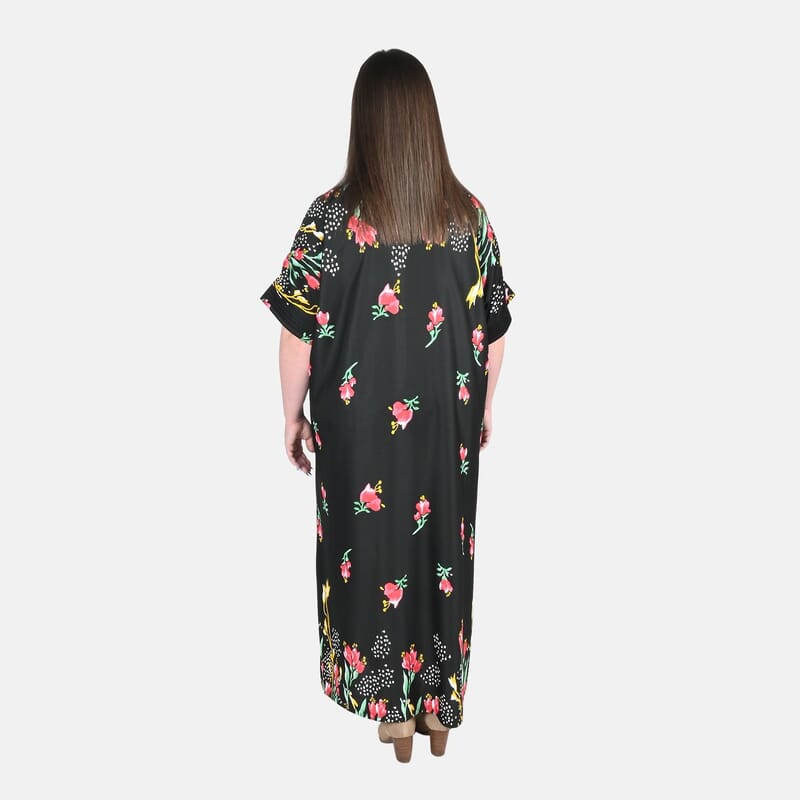 Anthony Richards Black Multi Floral Zip Front House Dress, Cotton Machine Washable V neck Short Sleeves Dress For Her - One Size Fits up to XXL