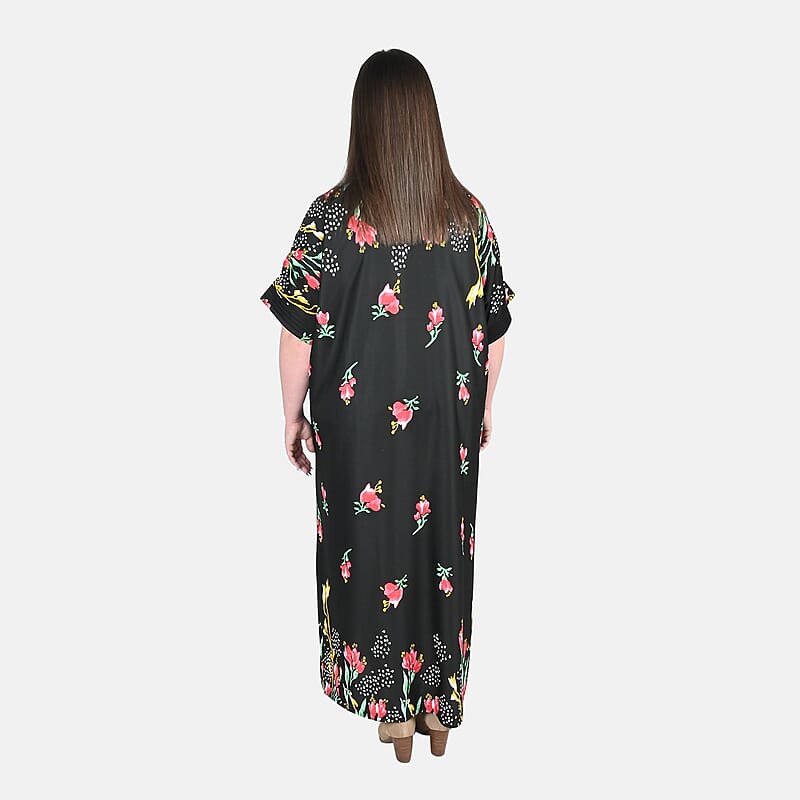 Anthony Richards Black Multi Floral Zip Front House Dress, Cotton Machine Washable V neck Short Sleeves Dress For Her - One Size Fits up to XXL